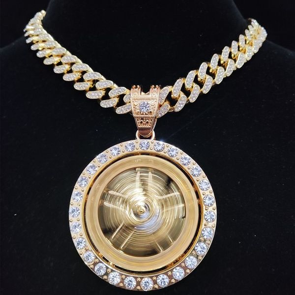 

pendant necklaces men hip hop iced out bling rotatable maple leaf pendant necklace 13mm crystal cuban chain hiphop necklaces fashion charm j, Silver