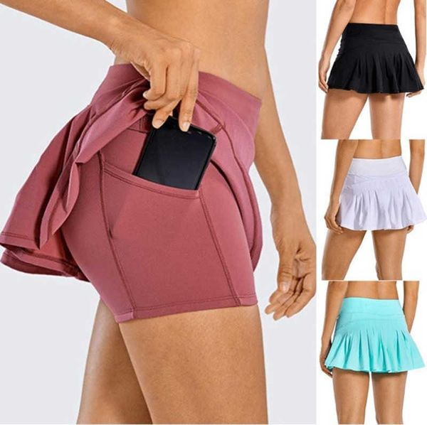 

l-07 tennis skirts pleated yoga skirt gym clothes women running fitness golf pants shorts sports back waist pocket zipper, Black