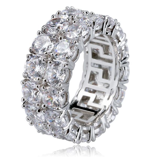 

hip hop iced out copper gold silver color plated micro pave cz stone 2 row round ring men women charm jewelry221g