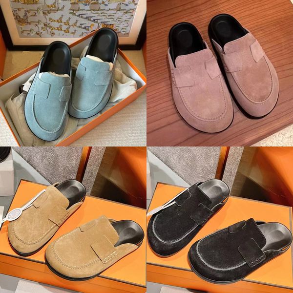 

2023 designer luxury round head half drag slippers womens leather black/apricot/khaki/blue frosted closed-toe back hollowed out sandal ladys