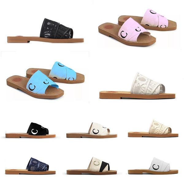

2023 wholesale woody sandals for women mules flat slides light tan beige blue white black pink lace lettering fabric canvas slippers womens