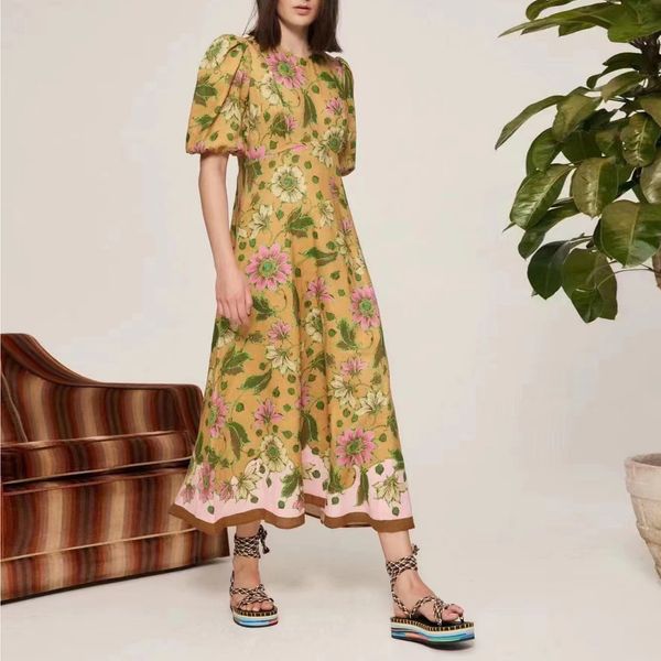 

australian designer dress linen floral print short sleeved midi dress, Black;gray