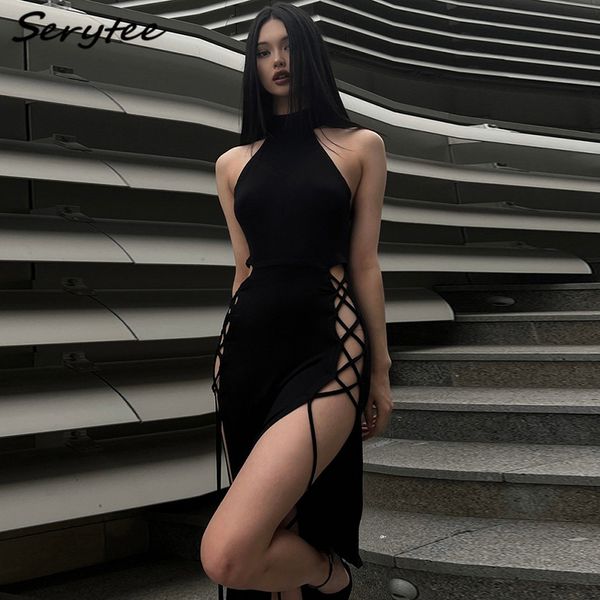 

women summer maxi dress lace up bandage side split wrap party long dresses slim clubwear party dress vestidos 2023 robe women's clothin, Black;gray