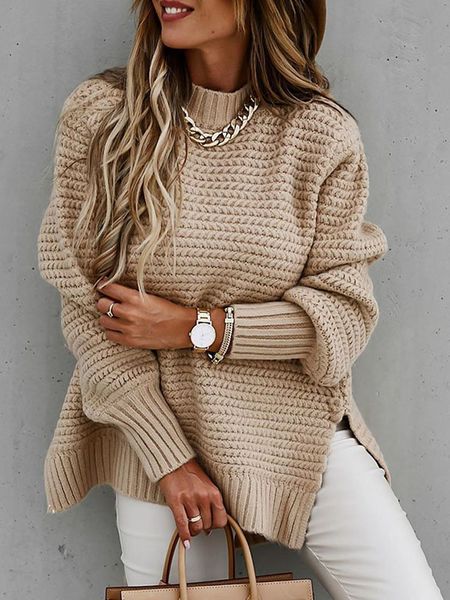 

women's sweaters autumn winter women knitted sweater mock neck casual loose basic pullovers warm elegant solid batwing sleeve side spli, White;black