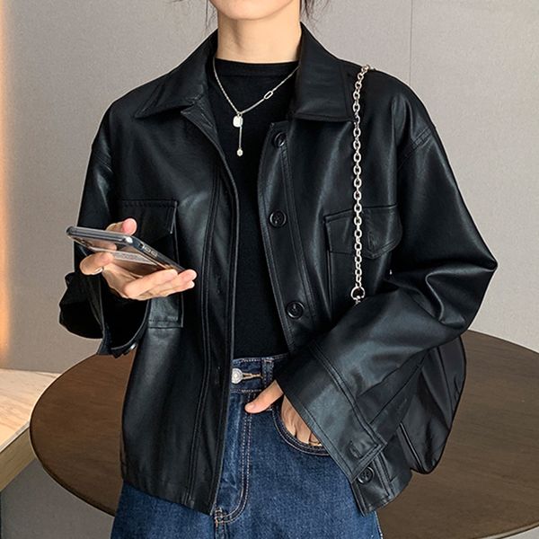 

women's jackets korean fashion cropped leather jacket women streetwear high street y2k blazer casual warm winter coat 230306, Black;brown