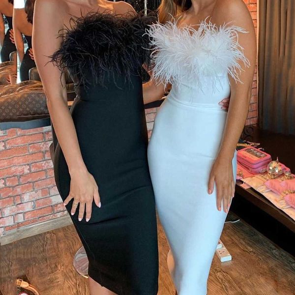 

party dresses 2023 spring new women's dress spicy girls feather bra dress wrapped hip temperament commuter tight dress t230303, White;black