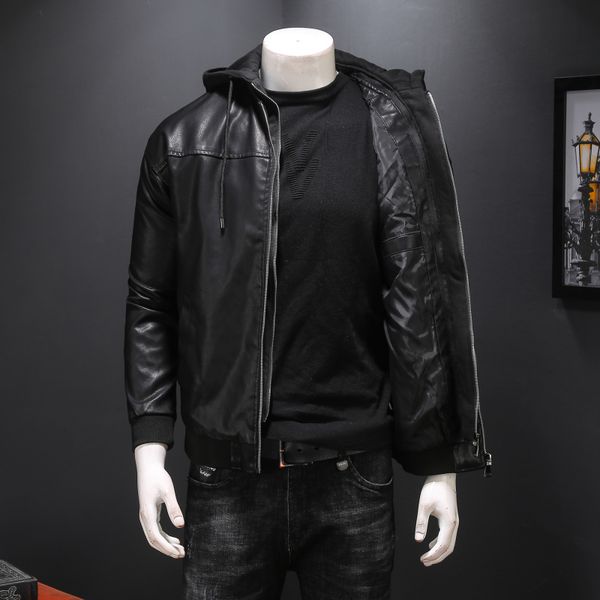

men's leather & faux leather men's fake two-piece hooded leather jacket spring new fashion brand slim motorcycle leather jacket, Black