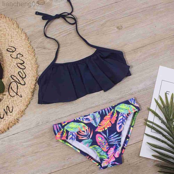 

one-pieces falbala kids girls swimming suit 5-14 years two-pieces children bikini set 2023 new ruffles swimsuit swimwear baby biquini a247 w, Black