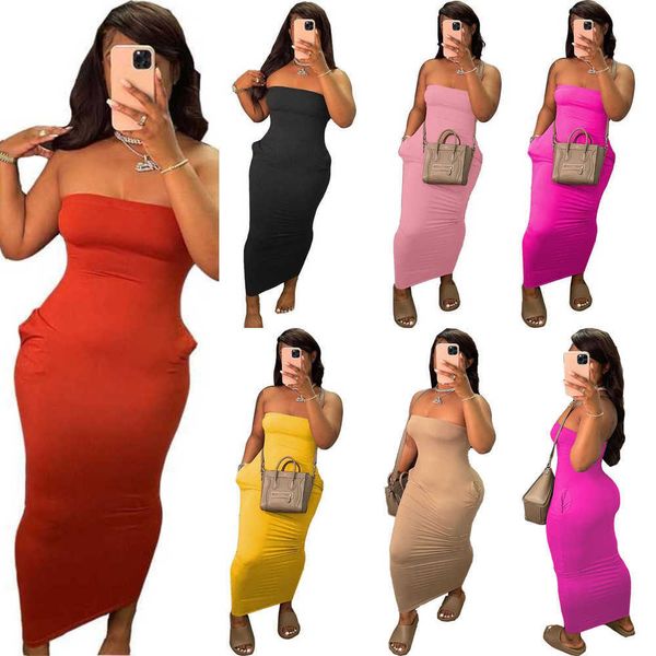 

summer women maxi long dresses designer 2023 slim solid color bra off shoulder high elastic dress including pocket, Black;gray