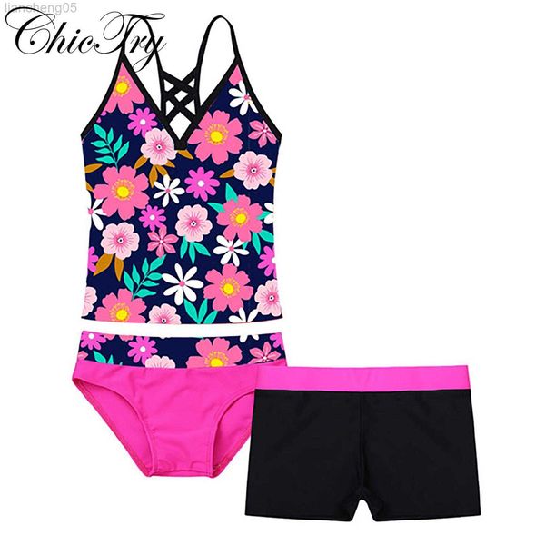 

one-pieces kids children girls swimsuit swimwear outfits tankini floral printed swimsuit swimwear bathing suit set with bottoms shorts w031, Black