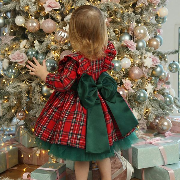 

new 6m-5 years christmas dress for girls toddler kids red green plaid bow dresses for girl xmas party princess costumes clothes, Red;yellow