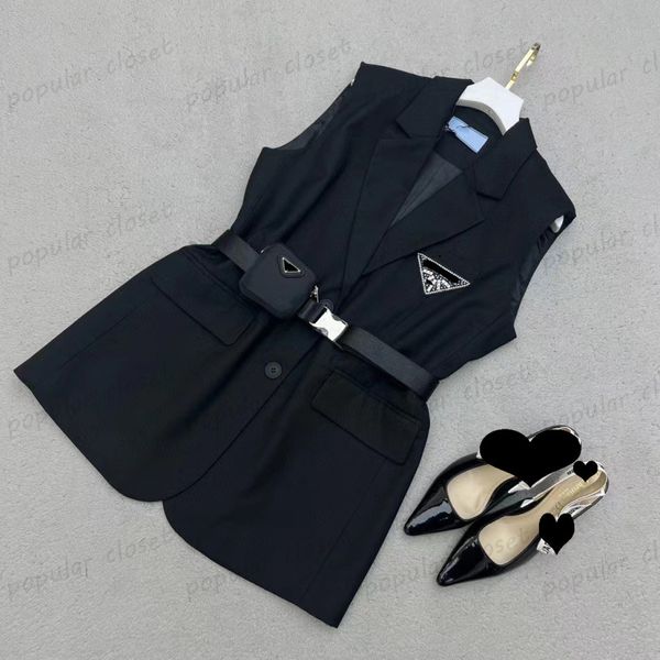 

new womens vests triangle sticking drill sleeveless coats suit jacket slim adjustable waist belt spring summer vest outerwear, Black;white