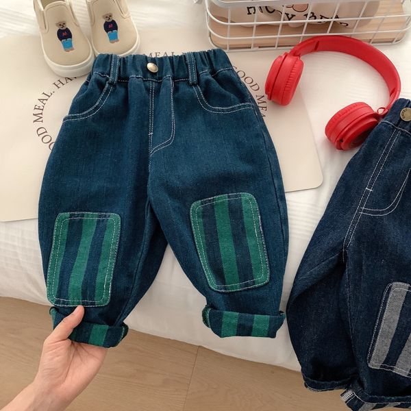 

jeans children jeans for boys jeans autumn fashion baby toddler boy denim trousers patch striped casual loose pant korean kids clothes 23032, Blue