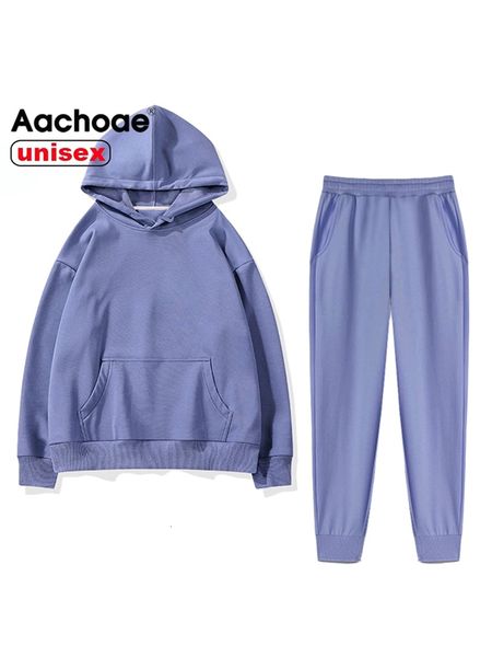 

women's two piece pants aachoae women couple fleece 100% cotton suits 2 pieces sets casual tracksuit hoodies sweatshirt pants 230303, White