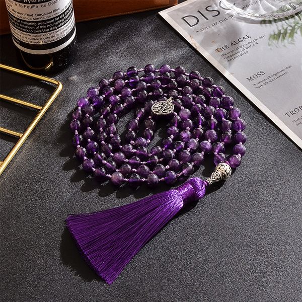 

pendant necklaces 8mm natural amethyst beads knotted 108 japa mala rosary necklace meditation prayer yoga jewelry for men and women 230306, Silver