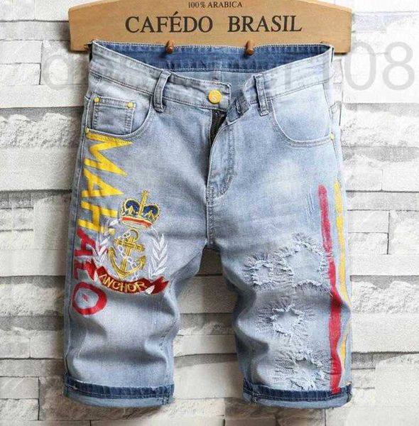 

designer men embroidery blue jeans denim shorts summer designer men's badge patckwork bleached retro big size letters patches short pan