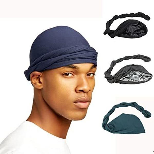 

beanieskull caps halo turban durag for men satin silk lined elastic men turban head wrap head scarf dorag long straps 230306, Blue;gray