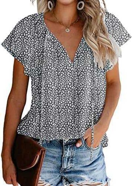 

women's casual floral print v neck ruffle short sleeve summer shirts loose blousest7kf, White