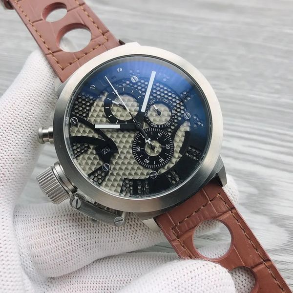 

2022 new left handed watch mens watches u -8060 50mm date quartz chronograph black dial brown leather strap gents sport watches luminous nee, Slivery;brown