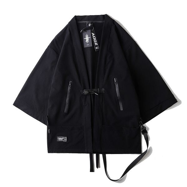 

men's casual shirts techwear ribbons hip hop patchwork tactical cargo taoist robe men black retro summer loose cardigan streetwear 2303, White;black