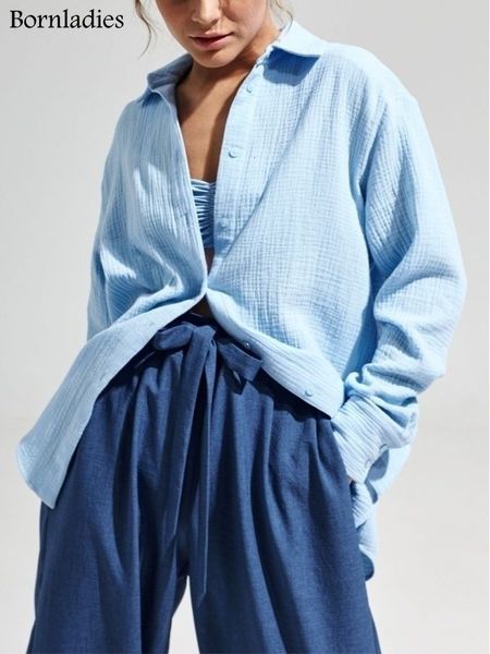 

women's blouses shirts bornladies spring summer 100% cotton office lady fashionable solid long sleeve loose crepe 230306, White