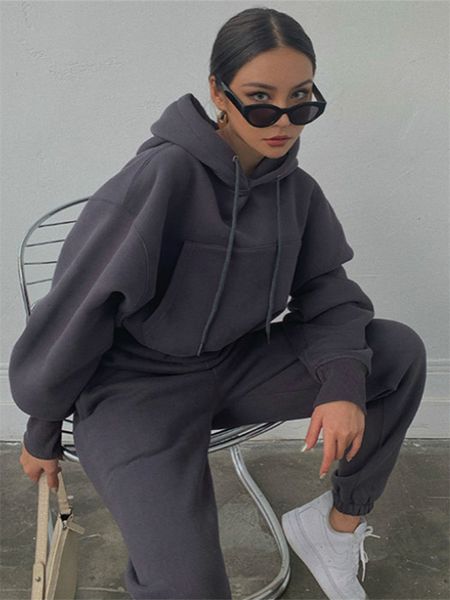 

women's two piece pants winter autumn oversized suit hoodies suit solid casual tracksuit women fleece 2pieces set sports sweatshirts pu, White