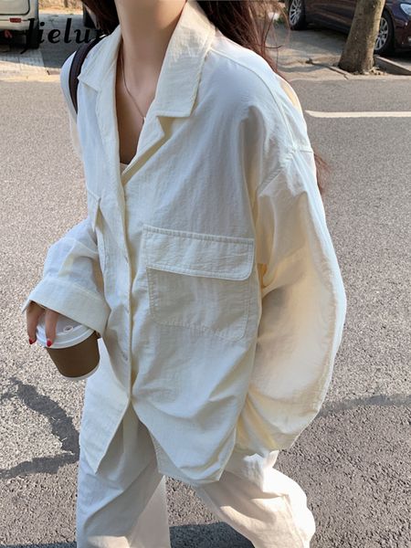 

women's blouses shirts jielur notched collar apricot shirts long sleeve spring autumn korean style office shirts office ladies loose ca, White