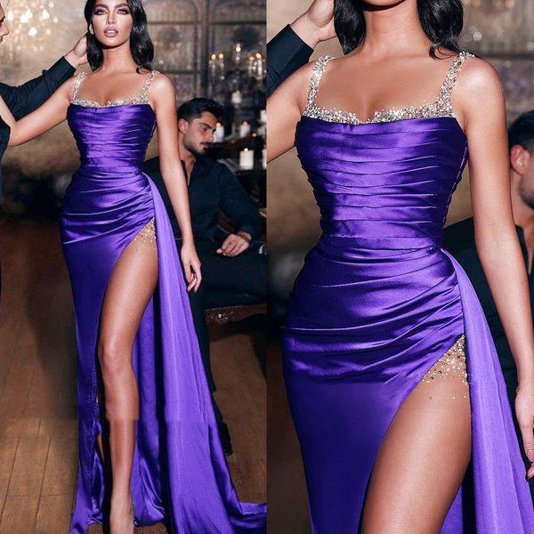 

purple long prom dresses side high slit beaded straps pleats satin evening gowns for women detachable peplum train sheath special occasion w, Black