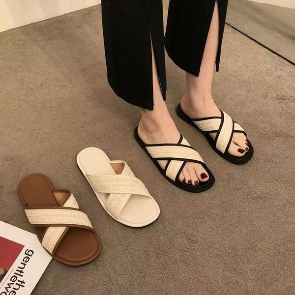 

flat-bottomed cross beach slippers for women to wear in 2023 summer, Black