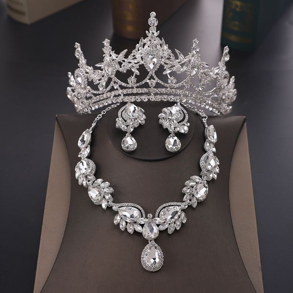 

headpieces bridal crown wedding dress hair band necklace earrings three-piece set designer white rhinestone party ball jewelry birthday vale, Silver