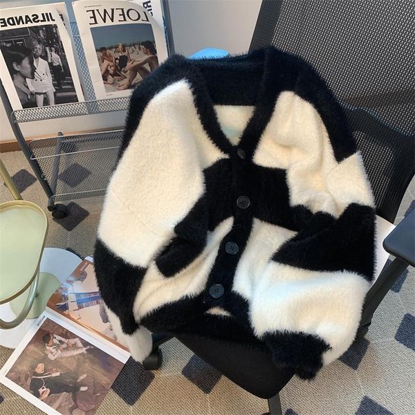 

women's knits tees autumn and winter slouchy plush stripe vintage knitted cardigan vneck thickened coat 230306, White