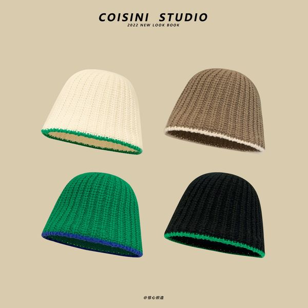 

wide brim hats bucket autumn winter knitted hat women s patchwork contrast wool fisherman outdoor female foldable basin caps gorros 230306, Blue;gray