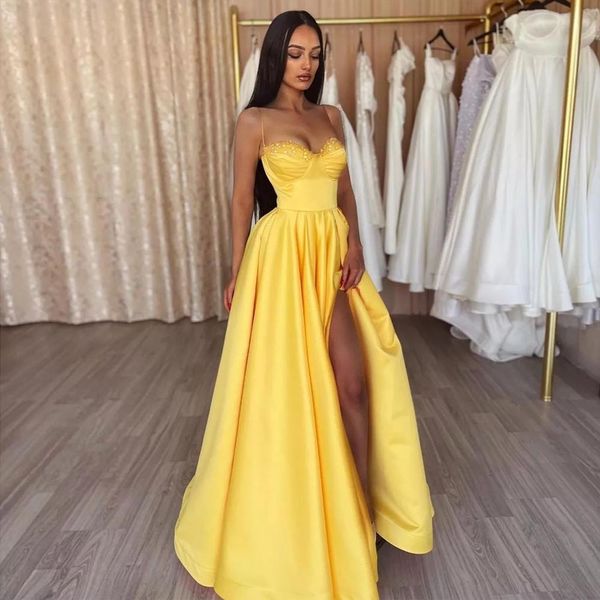 

yellow beaded prom dresses side split evening gowns spaghetti straps a line floor length satin special occasion formal wear, Black
