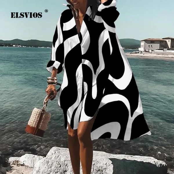 

casual dresses autumn summer fashion women's shirts dress casual printed lapel long sleeve buttons irregular dress beach party dresses, Black;gray