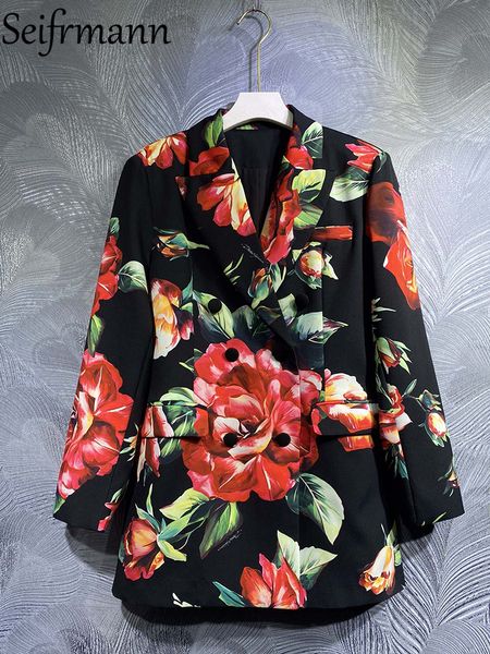 

women's jackets seifrmann autumn women fashion designer short coats long sleeve floral printed double breasted ladies slim jacket 23030, Black;brown