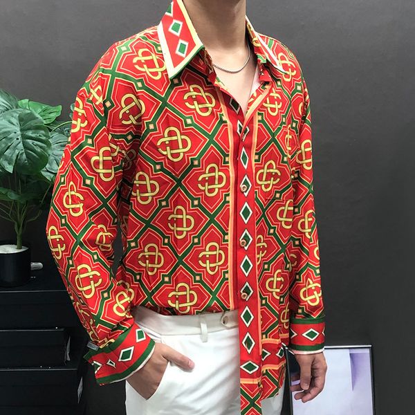 

men's casual shirts geometric patterns print long sleeve shirt holiday casual dress blouse brand clothe fall hawaiian shirt chemise hom, White;black