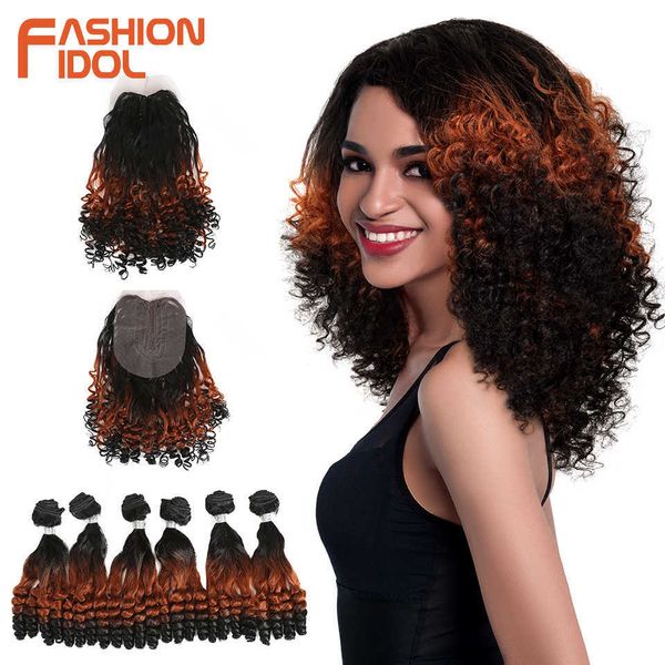 

synthetic wigs fashion idol afro kinky curly hair bundles 14 inch 7pieces/lot upper straight lower bend synthetic lace with closure fiber 23, Black