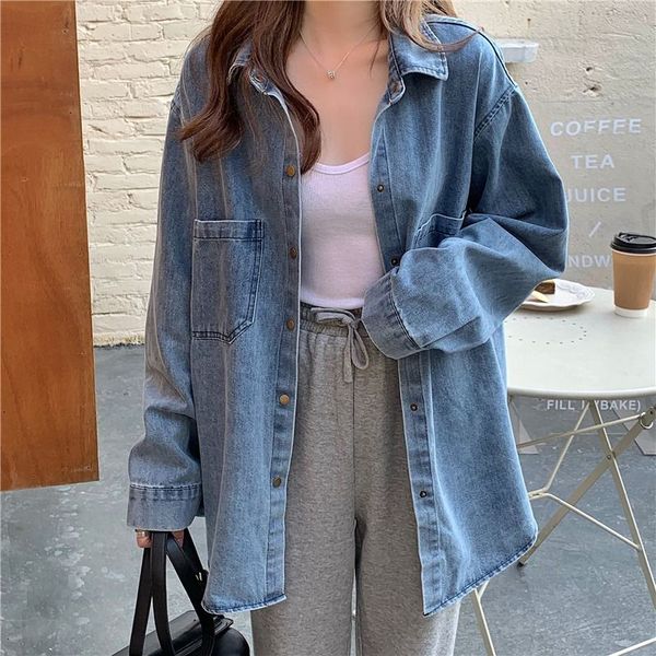 

women's blouses shirts rimocy autumn long sleeve denim shirt for women single breasted pocket blouse woman turn doen collar jeans shirt, White