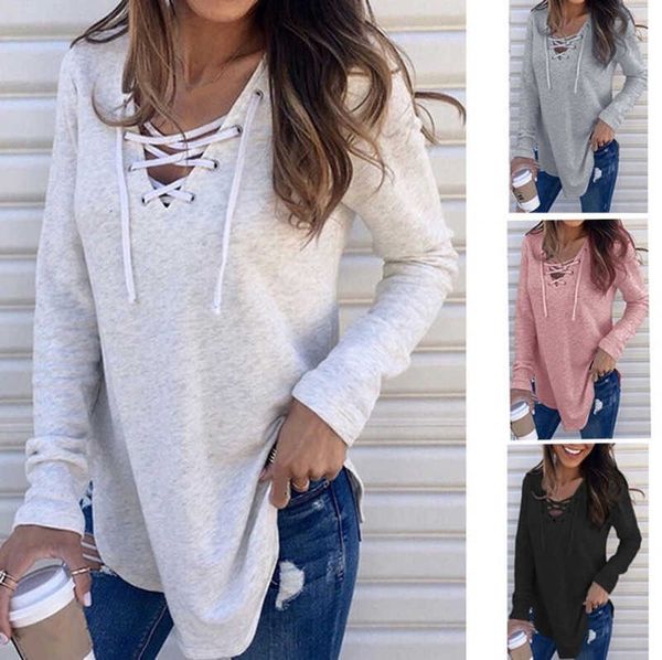

womens t shirts long sleeved v-neck lacing loose fashon women clothes crop solid color ladies, White