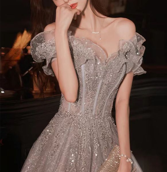

gorgeous evening dresses strapless off shoulder sequin beaded bandage shiny slim a-line backless floor-length gray party gowns, Black;red