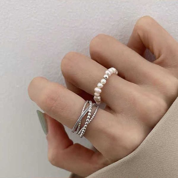 

cluster rings freshwater pearl beads multi-layer cross silver color vintage rings for women fashion jewelry gift 2022 l230306, Golden;silver