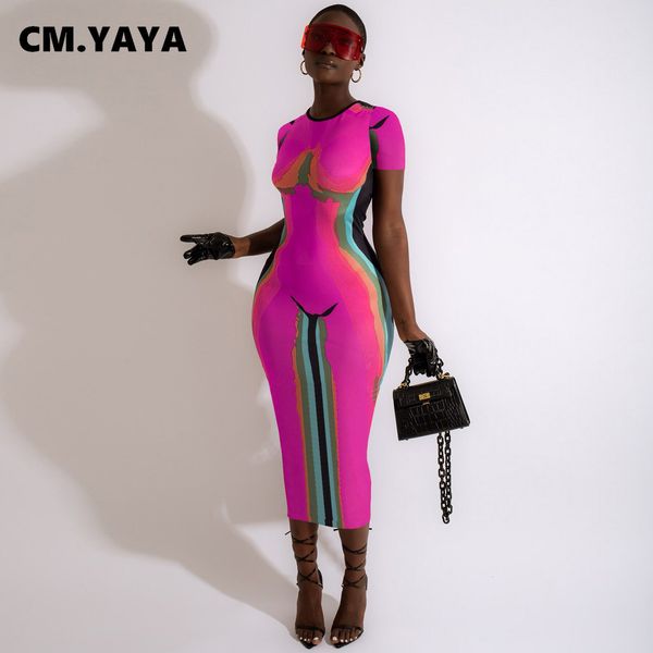 

casual dresses cm.yaya women 3d printed short sleeve o-neck bodycon midi maxi dress for summer night party clubwear long dresses 230303, Black;gray