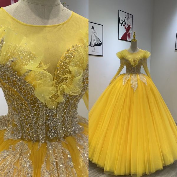 

exquisit bride gowns purity tulle a-line wedding dresses with beads new applique pearls long sleeve ball gown brush train robe de vestido, White