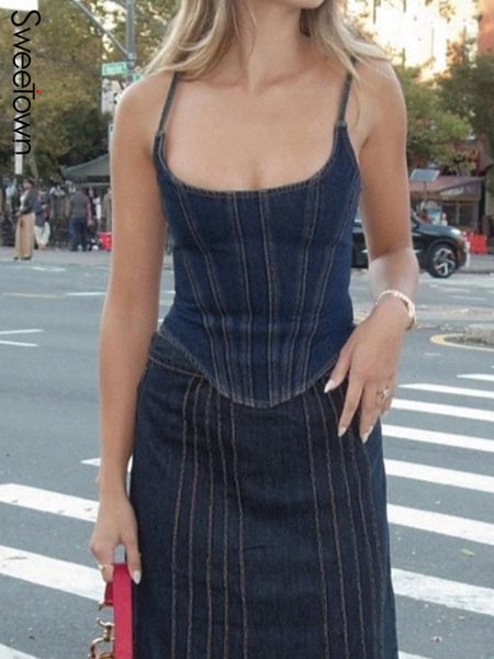 

women's tanks camis sweetown blue stitched denim corset streetwear y2k clothes sleeveless slim asymmetric hem vintage cropped 230306, White