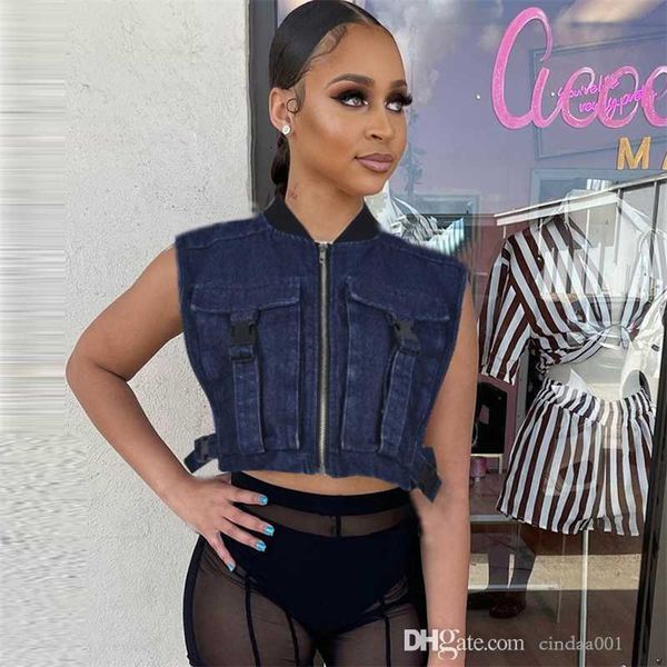 

new popular summer denim jacket vests trend short style waistcoat clothes zipper cardigan with pockets, Black;white