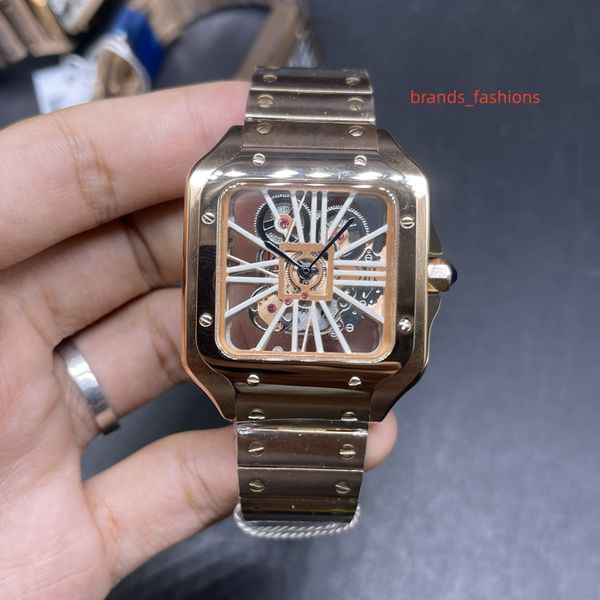 

rose gold stainless steel men's watch quartz movement business men's watch square skeleton hollow-out dial wrist watches, Slivery;brown