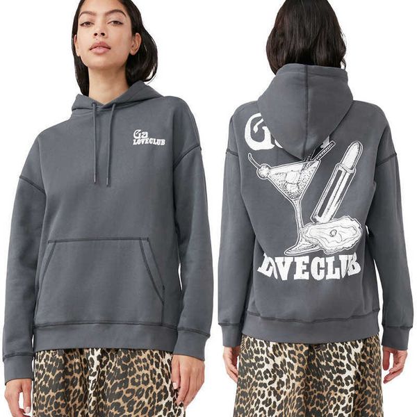 

2023ss ganni mens women designer sweatshirt dress women personalized creative back print comfortable versatile drawcord hooded sweatshirt sw, Black