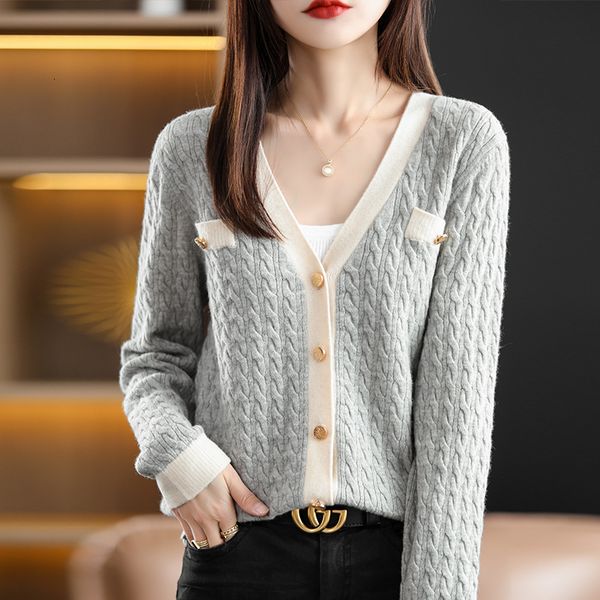 

women's knits tees autumn and winter small fragrance color matching knitted cardigan fashion coat vneck twist loose wool bottoming shir, White