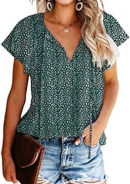 

women's casual floral print v neck ruffle short sleeve summer shirts loose blousesi5a6, White