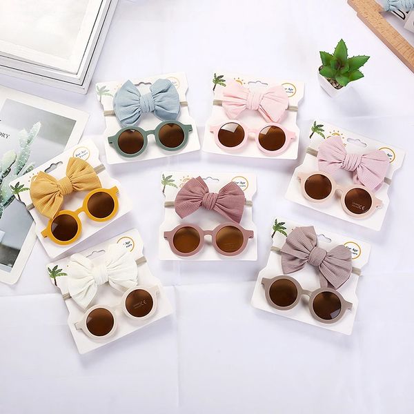 

birthday ribbon 2pcs/set cotton bow nylon headband and sunglasses set baby girls hair accessories set turban headwrap travel seaside sun gla, Slivery;white
